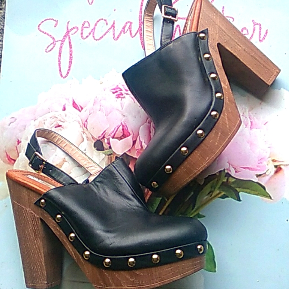 INC International Concepts Black Leather Studded Platform Clogs size 10